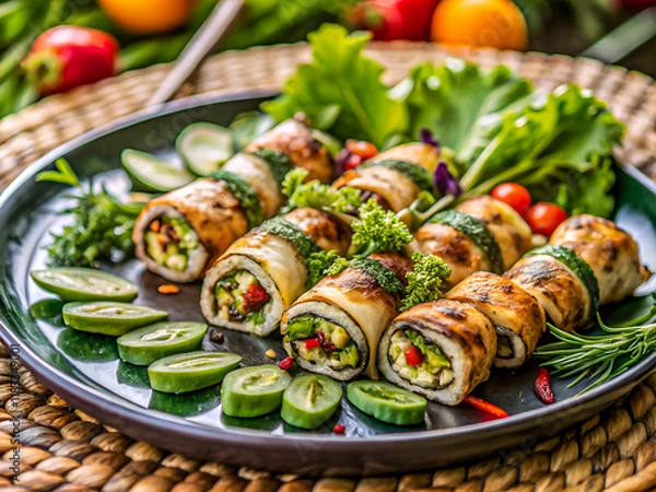 Fototapeta Tasty grilled roll with herbs and vegetables. Delicious Food background