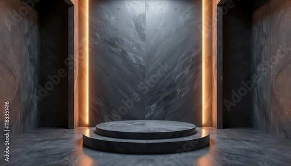 Fototapeta A dark stone 3D-rendered room with a cylindrical podium and glowing vertical wall lights.