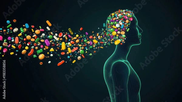 Fototapeta Abstract representation of human silhouette with colorful pills and capsules exploding from the head, symbolizing creativity, ideas, and mental health challenges in a vibrant composition