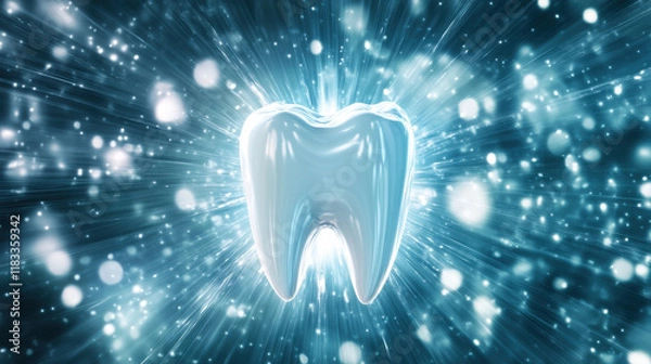 Fototapeta Glowing Tooth Illustration Representing Dental Health and Hygiene in a Dynamic and Sparkling Background for Educational and Creative Uses