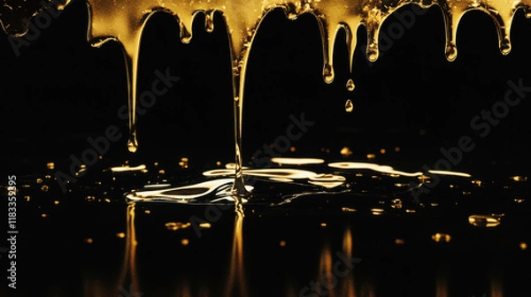 Fototapeta Viscous Golden Honey Dripping On Black Surface With Reflective Puddles Creating A Luxurious And Enticing Visual Experience In A Dark Background