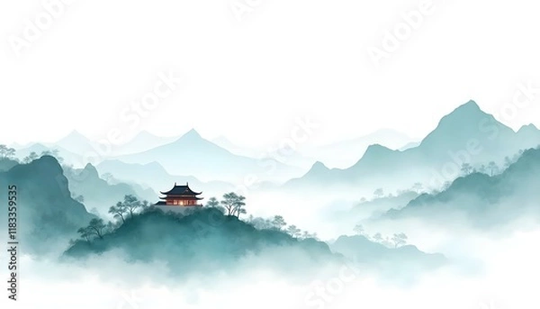 Fototapeta An Asian-inspired watercolor artwork that emphasizes a serene path guiding the viewer's gaze toward a pagoda, surrounded by vibrant natural scenery