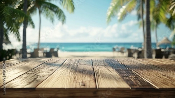 Fototapeta Empty wood table in a beach café with sunlight, blurred ocean view, and a relaxed atmosphere.