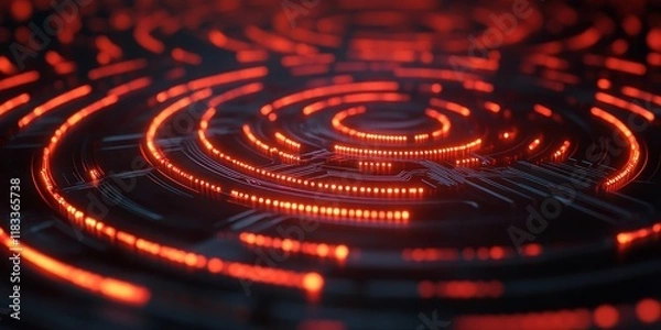 Fototapeta Abstract red glowing concentric circles on dark background.