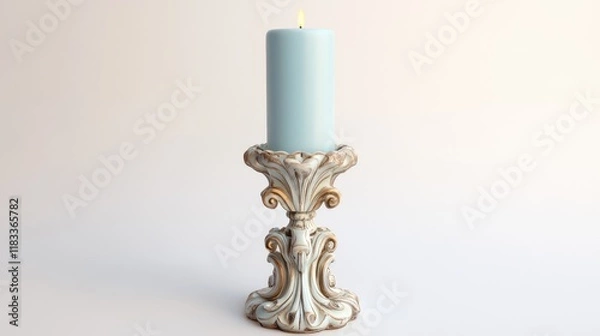 Fototapeta A decorative candlestick with ornate patterns, holding a pastel blue candle, centered on a white background.