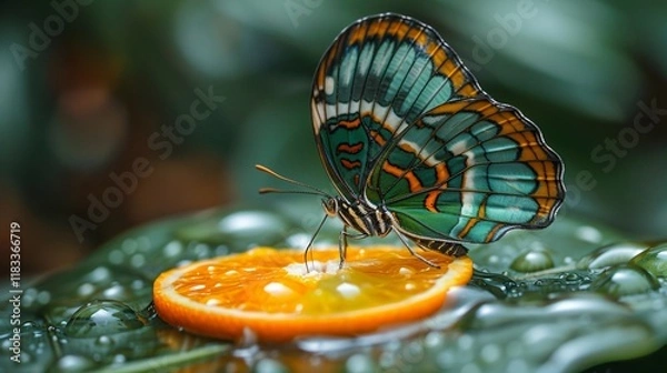 Fototapeta Green malachite butterflies eat an orange slice