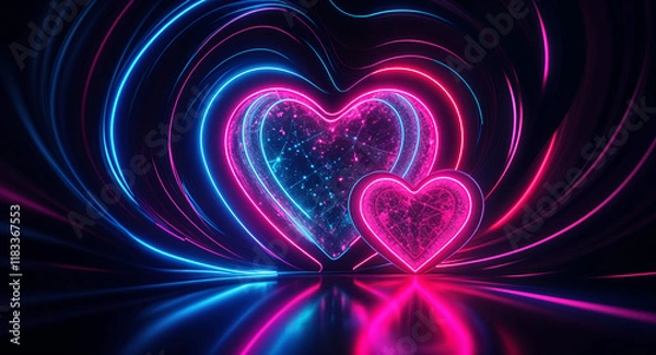 Fototapeta pair of neon hearts on dark cyberpunk background, valentines day . Generative AI