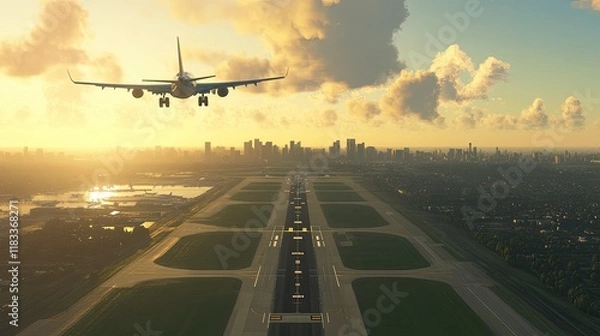 Fototapeta Bright summer day with a high-angle view of a sprawling airport runway, highlighting aviation and travel possibilities