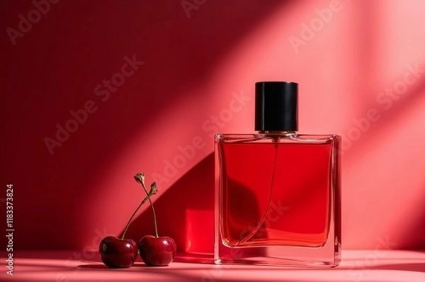 Obraz A red glass bottle with cherries next to it on a clear red background