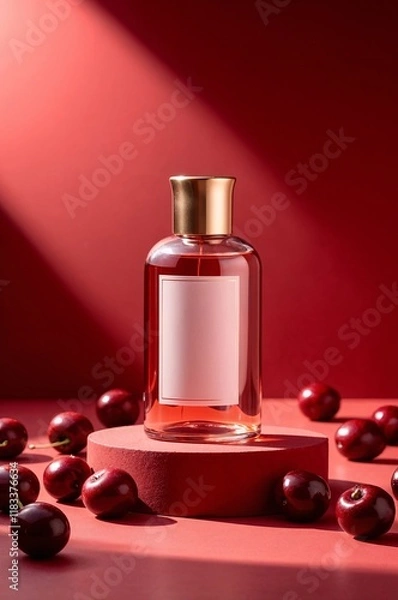 Obraz A red glass bottle with cherries next to it on a clear red background