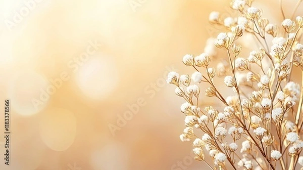 Fototapeta Gold abstract background concept. Delicate white flowers with a soft golden background creating a serene atmosphere.