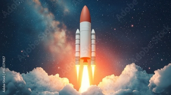 Fototapeta A rocket ascends into the night sky, surrounded by vibrant clouds and cosmic elements, symbolizing exploration and innovation.