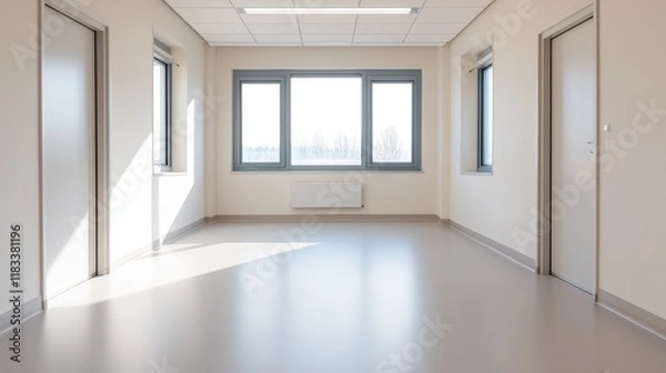Fototapeta Empty modern office room with large windows providing natural light