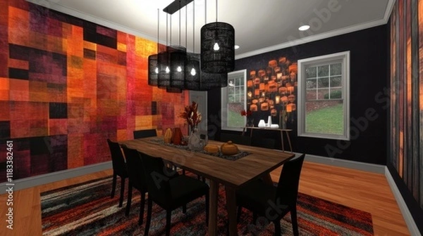 Fototapeta Contemporary dining room with artistic flair, featuring bold colors and unique shapes on an infinite background.