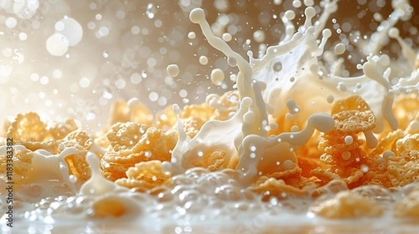 Obraz Macro Photography of Corn Flakes Mid-Air with milk