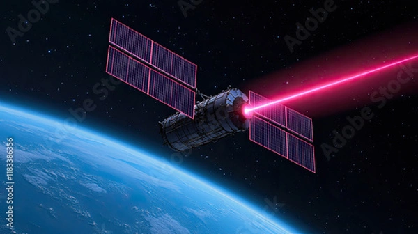 Fototapeta A futuristic satellite equipped with a laser, hovering above Earth, symbolizes advanced technology and space exploration.