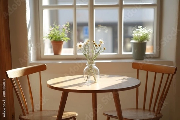 Obraz Minimalist dining table with a flower vase by a window
