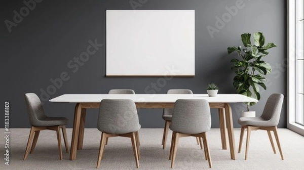 Fototapeta Modern office meeting room with blank whiteboard, table and chairs