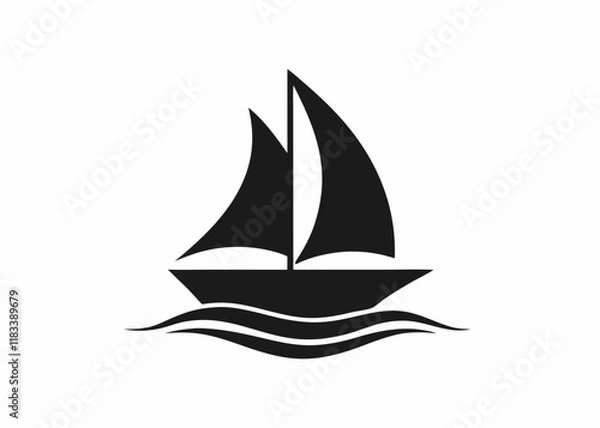 Fototapeta black and white silhouette, sailing ship, stylized waves, minimalist design, nautical icon, smooth curves, symmetrical composition, vector graphic style, simple shapes, maritime theme, contrast, clean