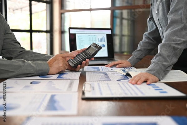 Fototapeta Finance adviser analyze financial statement to view performance company for investment planning and evaluate value business.