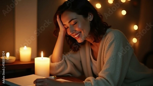 Obraz Calming scent of nearby vanillcandle softly burning lending soothing fragrance Smiling Caucasian woman journaling in a cozy nook