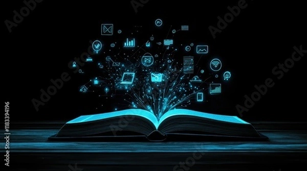 Fototapeta Open book with glowing business icons emerging, no people, with copy space for text