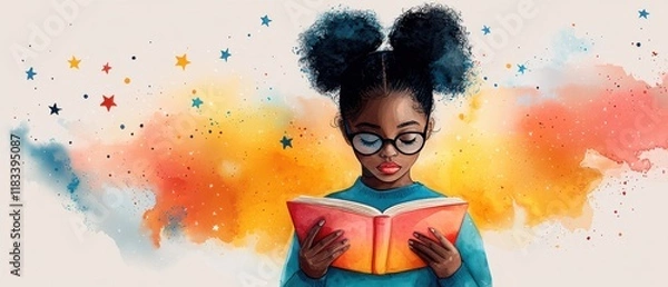 Fototapeta A young girl with glasses reads a book, surrounded by a colorful, starry background, showcasing imagination and the joy of learning.