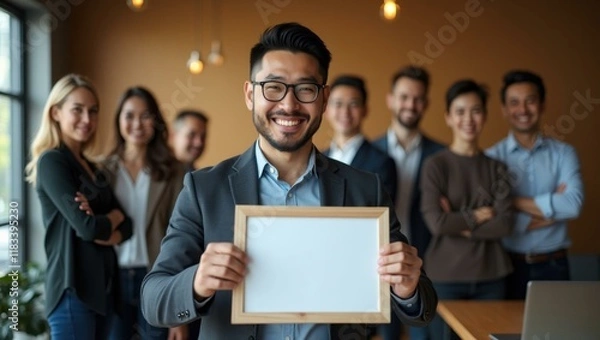 Obraz Man smiling with pride holding framed certificate of tech innovation Smiling Asian man launching a tech app with his team