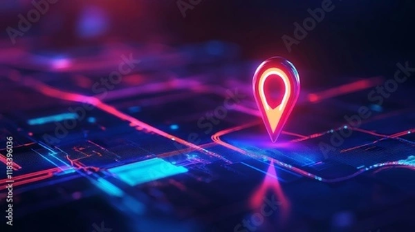 Fototapeta A digital map with a glowing location pin, symbolizing navigation and technology.