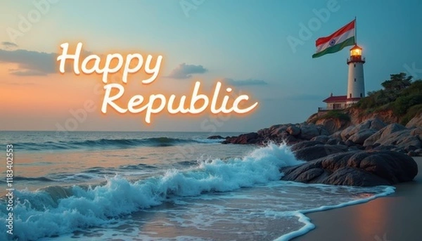 Fototapeta A serene coastal view with the Indian flag flying on a lighthouse with the text 'Happy Republic Day'