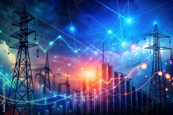 Obraz abstract technology background featuring dynamic stock market business data and vibrant electric pole energy industry imagery