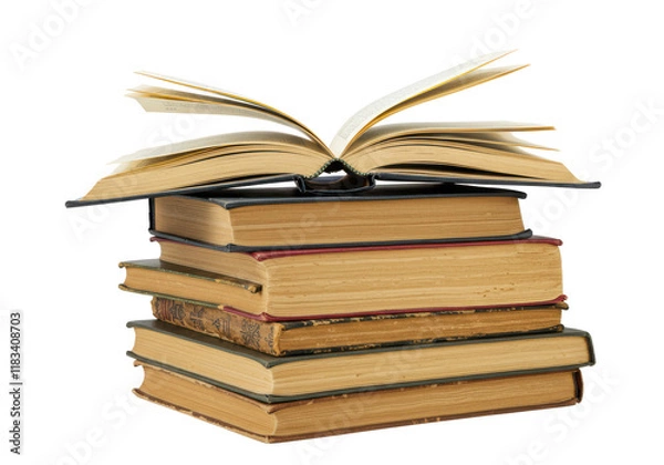 Fototapeta A stack of old hardcover books, with the top book open, isolated on a white background