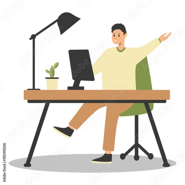 Fototapeta Happy People Programmer Working at Home. Vector Illustration