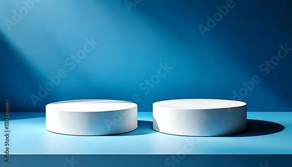 Fototapeta white product display stands sit on a blue surface, illuminated.