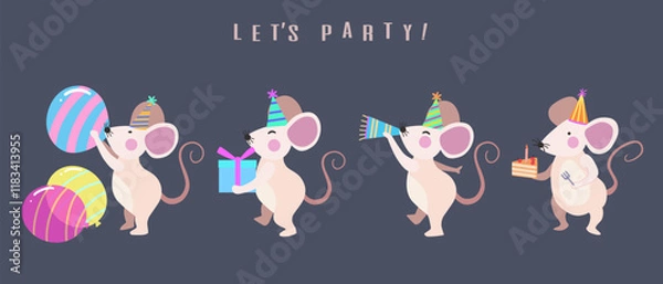 Fototapeta Happy birthday collection with white mouse cartoon character. Birthday party vector illustration for greeting card, invitation, event, poster, sticker, print.