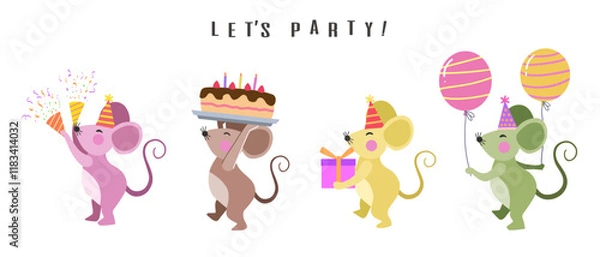 Fototapeta Happy birthday collection with colorful cartoon mouse characters. Birthday party vector illustration for greeting cards, invitations, events, posters, stickers, prints.