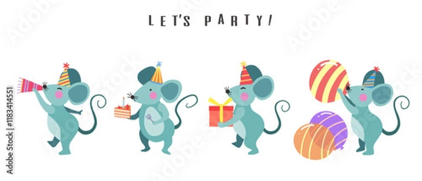 Fototapeta Happy birthday collection with mouse cartoon character. Birthday party vector illustration for greeting card, invitation, event, poster, sticker, prints.