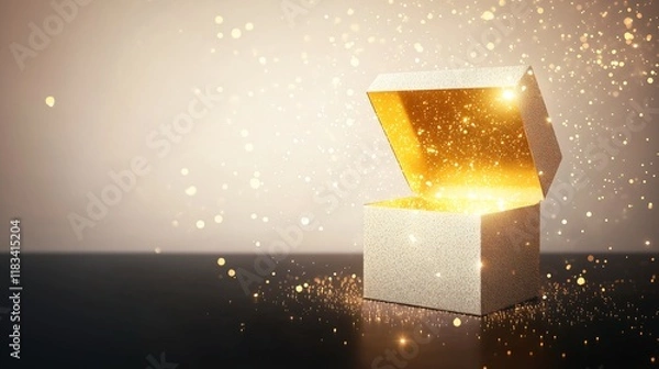 Fototapeta Gift box with golden light and sparkles, black background.