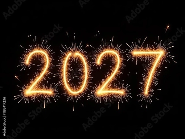 Obraz Sparkling 2027 Written with Fireworks on Black Background, Festive New Year Celebration Design
