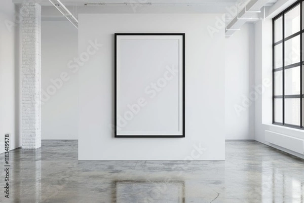 Fototapeta Minimalist Interior Design: Empty White Poster Hanging on Brick Wall