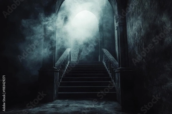 Fototapeta Dark Staircase Leads Upward into Mysterious Light, Gothic Architecture with Fog, Mystery, Spooky, Fantasy Background.