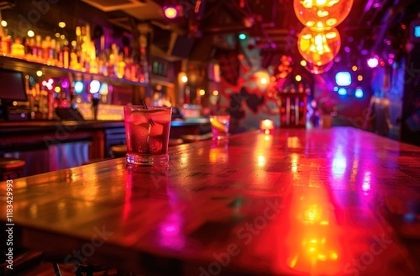 Fototapeta Empty wooden table top on blur light gold bokeh of cafe restaurant in dark background surrounded with light spots illusion.