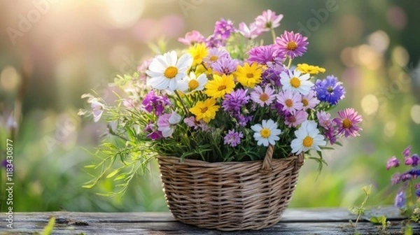 Fototapeta A basket of wildflowers sitting on a weathered garden bench with a soft-focus background