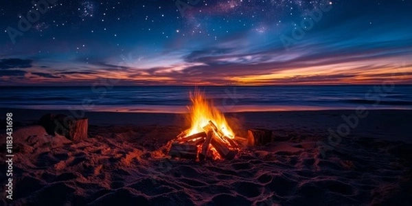 Fototapeta Wood fire glowing by the beach at night creates a warm ambiance, inviting relaxation and enjoyment. Experience the soothing atmosphere of wood fire evenings by the beach under the stars.