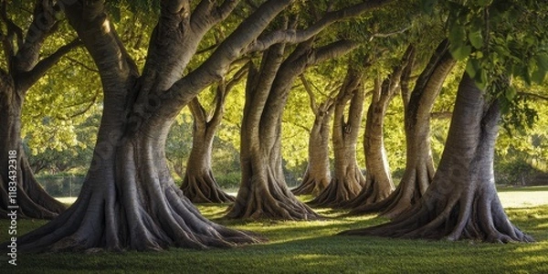 Fototapeta Intertwined trunks of sacred fig trees create a stunning natural display. These sacred fig trees symbolize strength and unity in nature s beauty, showcasing their remarkable intertwined trunks.