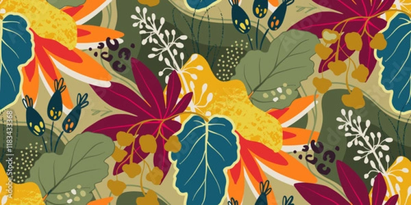 Fototapeta Bright vector seamless pattern with colorful tropical plants and flowers, palm leaves. Cute botanical abstract contemporary endless background.