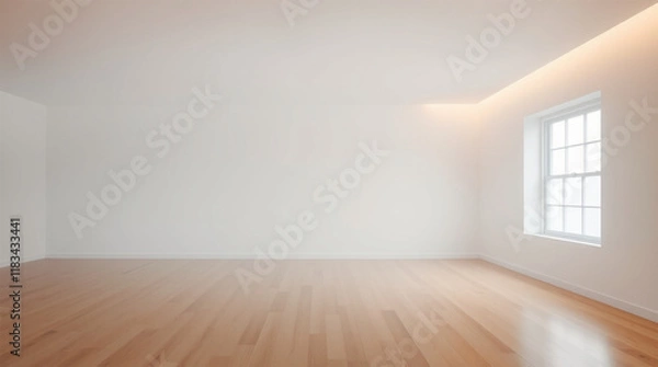 Fototapeta A minimalist interior design an empty, light-filled room with hardwood floors, an open floor plan, a large window, soft gentle light, diffused shadows, subtle illumination