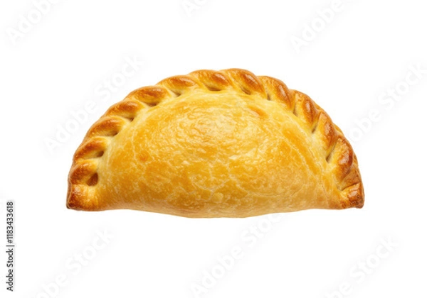Fototapeta Golden baked empanada isolated on white background, top angled view, no depth of field, sharp.