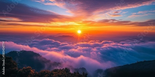 Fototapeta Stunning sunrise capturing the beauty of the sun rise as it illuminates the sky, creating a breathtaking view with vibrant colors during this magical sun rise moment.