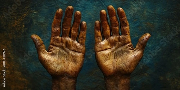 Fototapeta Human hands are raised with open palms in a gesture of worship, symbolizing devotion and reverence. These open palms reflect the spirit of worship and connection to a higher power.